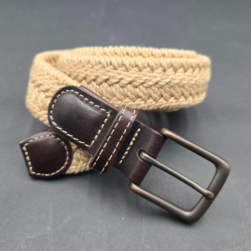 Orvis Mens Braided Elastic Belt Tan Khaki Brown Leather Trim Size 46 Made in USA